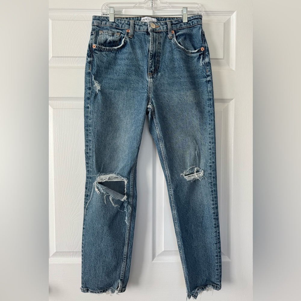 ZARA Straight Leg Mid Rise Distressed Denim Jean - Size 8